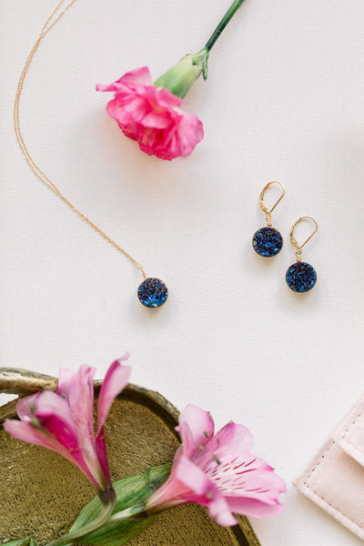 Round violet druzy wire-wrapped drop earrings and necklace set with 14k gold filled leverback earrings by J'Adorn Designs jewelry artisan Alison Jefferies