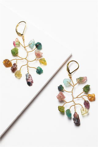 Gold branch shape earrings with rough rainbow tourmaline gemstones in a wire wrapped design with 14k gold filled lever back earrings. Handcrafted earrings made by J'Adorn Designs artisan Alison Jefferies of Baltimore, MD.