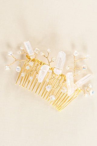 Raw crystal quartz spikes bridal hair comb, handcrafted heirloom quality hair accessories with real gemstones and pearls by J'Adorn Designs artisan Alison Jefferies