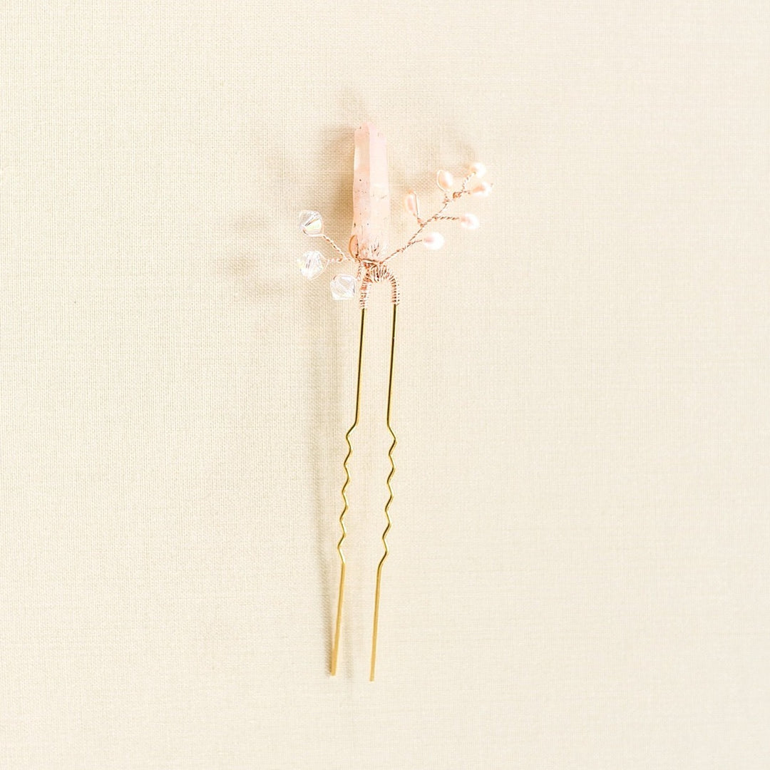Rose gold raw crystal spike bridal hair pin, pink and rose gold bridal hair accessory, J'Adorn Designs custom bridal jewelry