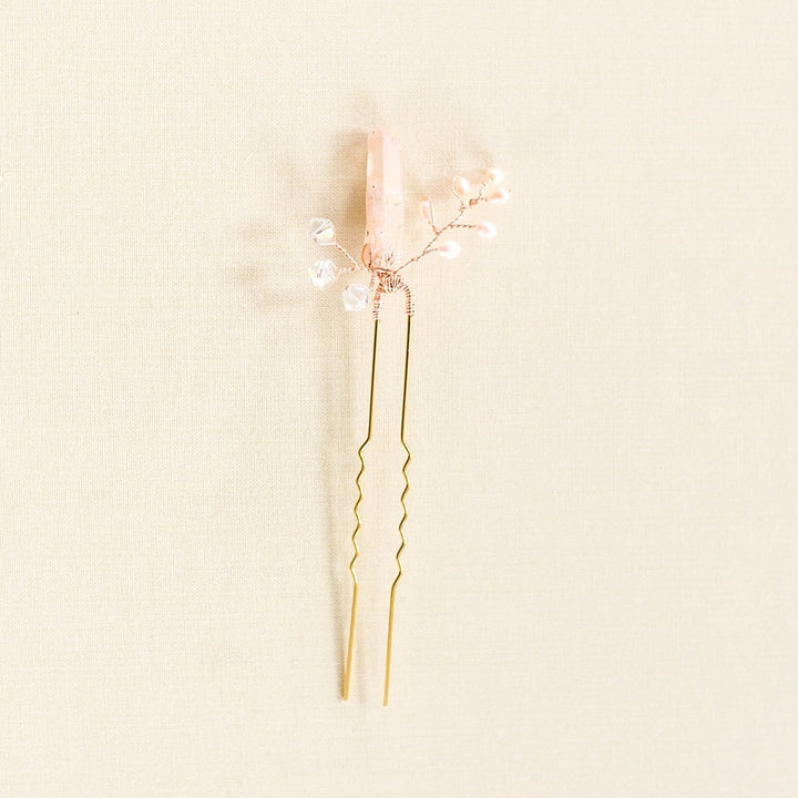 Rose gold raw crystal spike bridal hair pin, pink and rose gold bridal hair accessory, J'Adorn Designs custom bridal jewelry