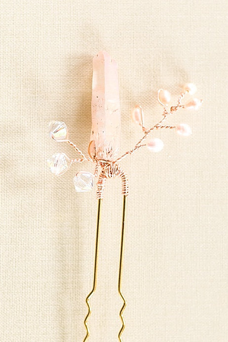 Rose gold raw crystal spike bridal hair pin, pink and rose gold bridal hair accessory, J'Adorn Designs custom bridal jewelry
