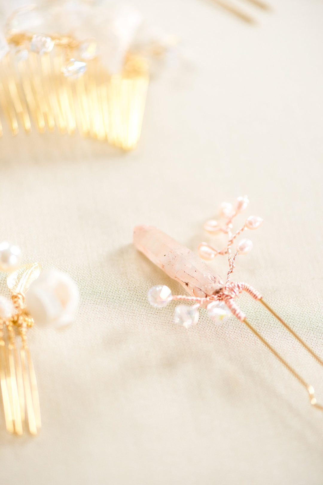 Rose gold raw crystal spike bridal hair pin, pink and rose gold bridal hair accessory, J'Adorn Designs custom bridal jewelry