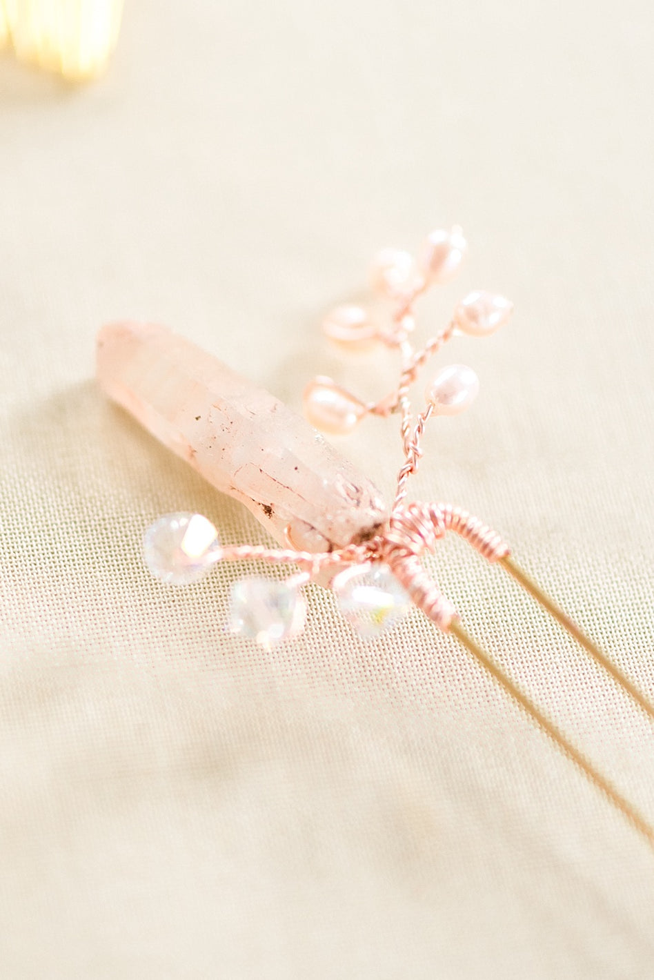 Rose gold raw crystal spike bridal hair pin, pink and rose gold bridal hair accessory, J'Adorn Designs custom bridal jewelry