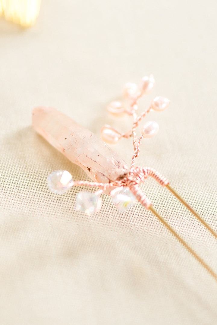 Rose gold raw crystal spike bridal hair pin, pink and rose gold bridal hair accessory, J'Adorn Designs custom bridal jewelry