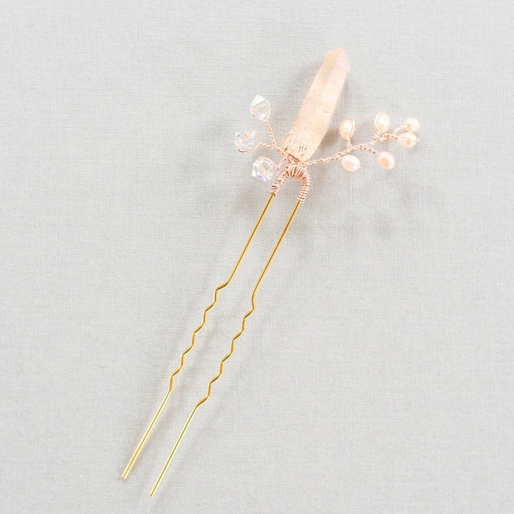 Rose gold raw crystal spike bridal hair pin, pink and rose gold bridal hair accessory, J'Adorn Designs custom bridal jewelry