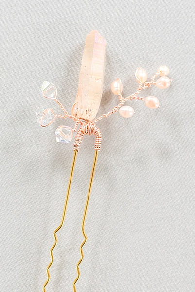 Rose gold raw crystal spike bridal hair pin, pink and rose gold bridal hair accessory, J'Adorn Designs custom bridal jewelry