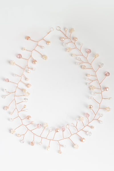 Rose gold, pink, blush, gold, ivory bridal hair vine; Handcrafted wedding headpiece by J'Adorn Designs custom jewelry and modern bridal accessories