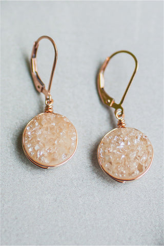Delicate rose gold druzy earrings with lightweight wire wrap. Sparkly gemstone earrings by J'Adorn Designs artisan jewelry and luxury bridal accessories.