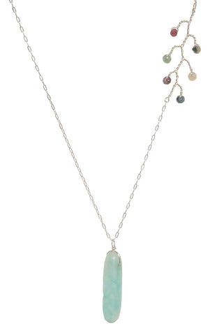 Asymmetrical silver necklace with turquoise amazonite spike pendant and tourmaline vine accent. Artisan jewelry and luxury bridal accessories handmade in Maryland by Alison Jefferies of J'Adorn Designs.