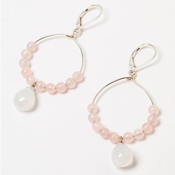 Lightweight silver hoop earrings with rose quartz beads and faceted moonstone teardrops. Pink and white gemstones on a thin silver hoop earrings. Handcrafted jewelry and modern bridal accessories by J'Adorn Designs artist Alison Jefferies.
