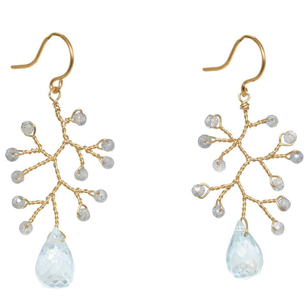 Tiny gemstone branch earrings in 14k gold with aquamarine teardrops and labradorite gemstones. Handcrafted fine jewelry by Alison Jefferies of J'Adorn Designs