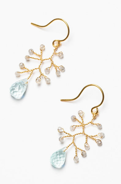 Tiny gemstone branch earrings in 14k gold with aquamarine teardrops and labradorite gemstones. Handcrafted fine jewelry by Alison Jefferies of J'Adorn Designs