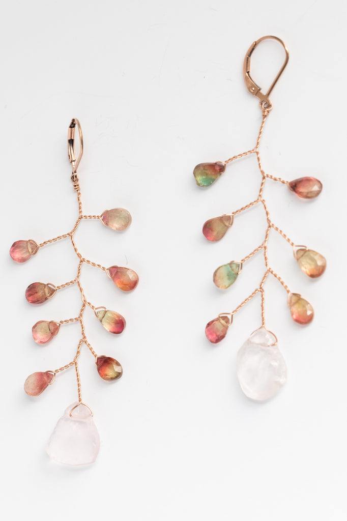 Delicate branch earrings in rose gold with watermelon tourmaline teardrops and rough rose quartz drop, fine handcrafted earrings by J'Adorn Designs custom jewelry and modern bridal accessories