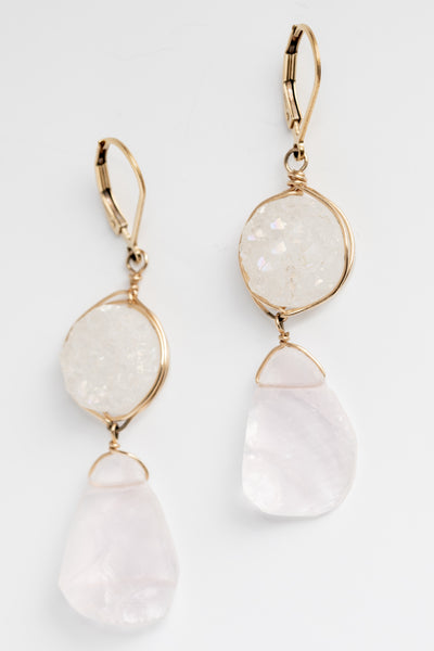 Handcrafted gemstone bridal earrings, druzy and rose quartz drop earrings in gold, lightweight hypoallergenic earrings by J'Adorn Designs artisan jewelry