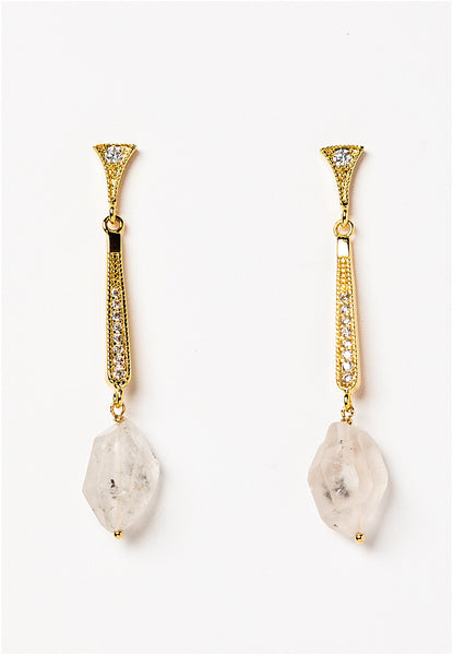 Art deco style bridal earrings in yellow gold with raw crystal quartz drops and sterling silver posts. Long vintage style wedding jewelry by J'Adorn Designs custom jeweler Alison Jefferies.
