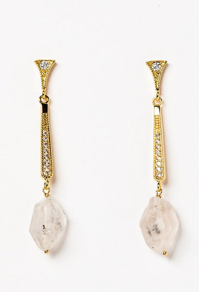 Long thin gold deco bridal earrings with raw rough crystal drops. Handmade luxury wedding jewelry by J'Adorn Designs designer Alison Jefferies